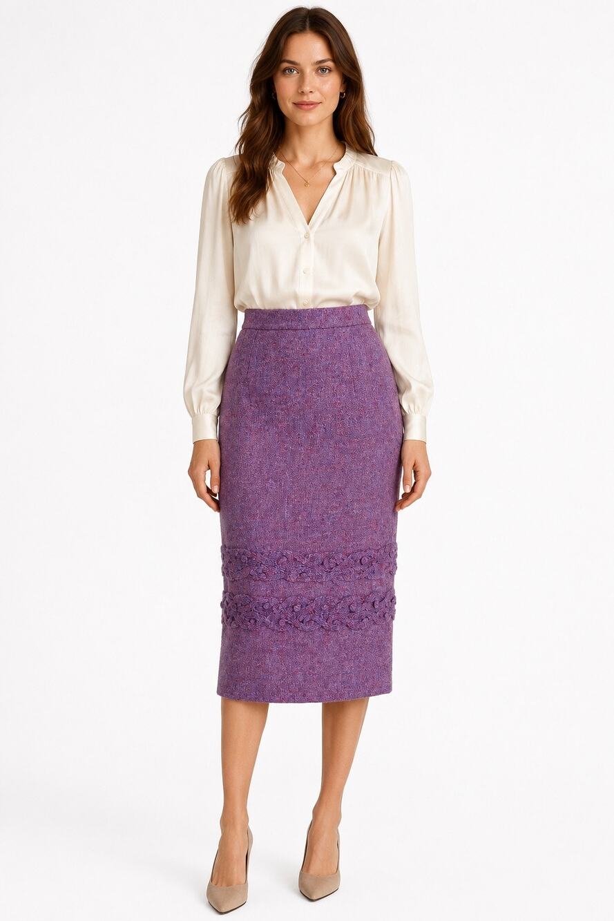 1990s Handmade Purple Tweed Wool Blend Pencil knit appliqué Medium